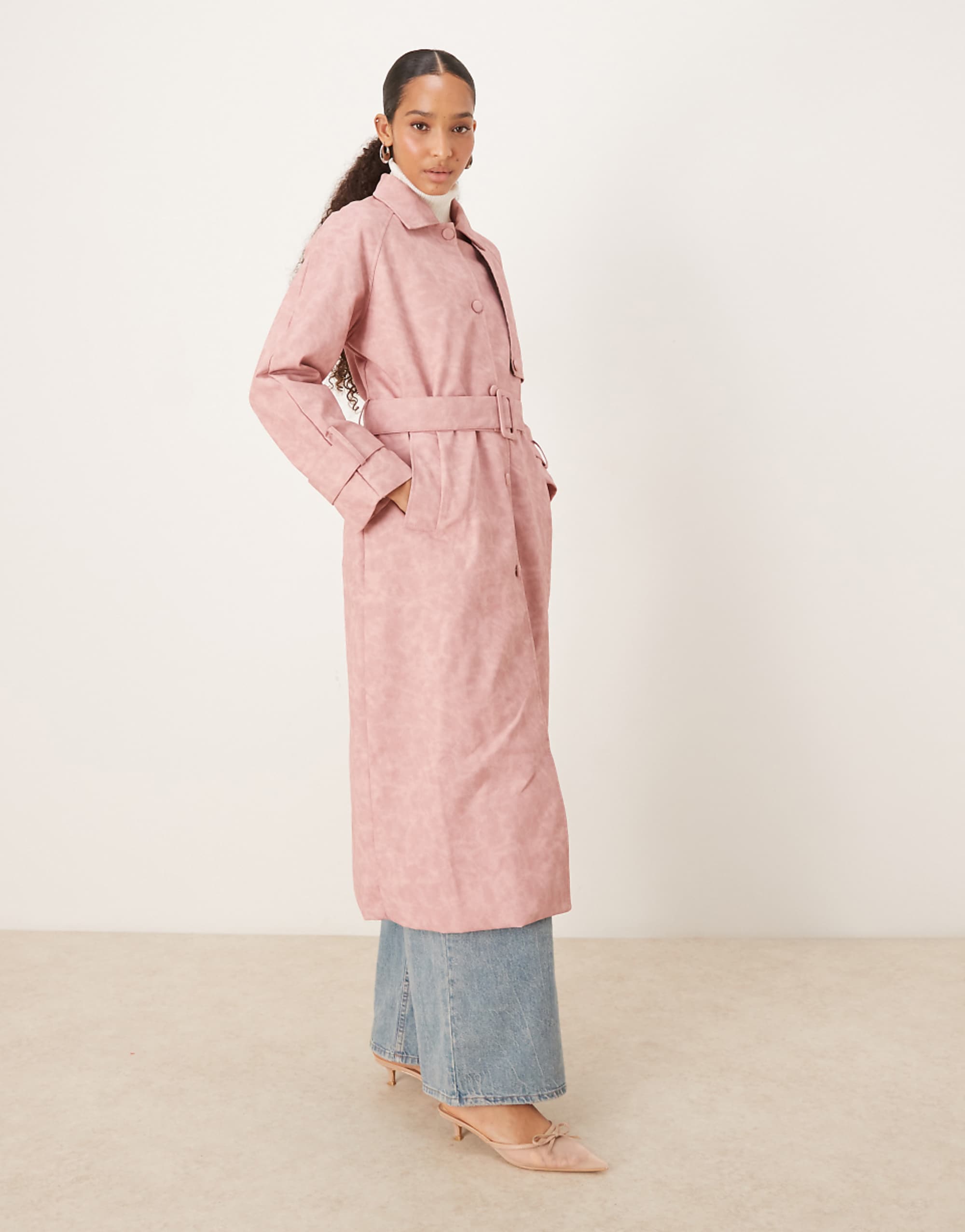 Ghospell Matte Pu Belted Trench Coat in Pink