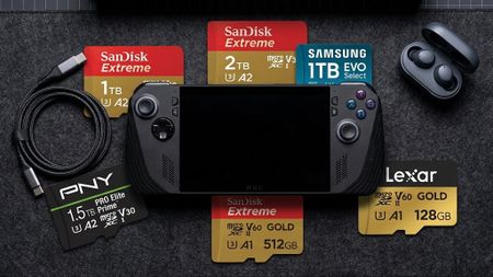 AI-Generated image of the ASUS ROG Xbox Ally X with SanDisk, Lexar, and Samsung microSD cards visualized.