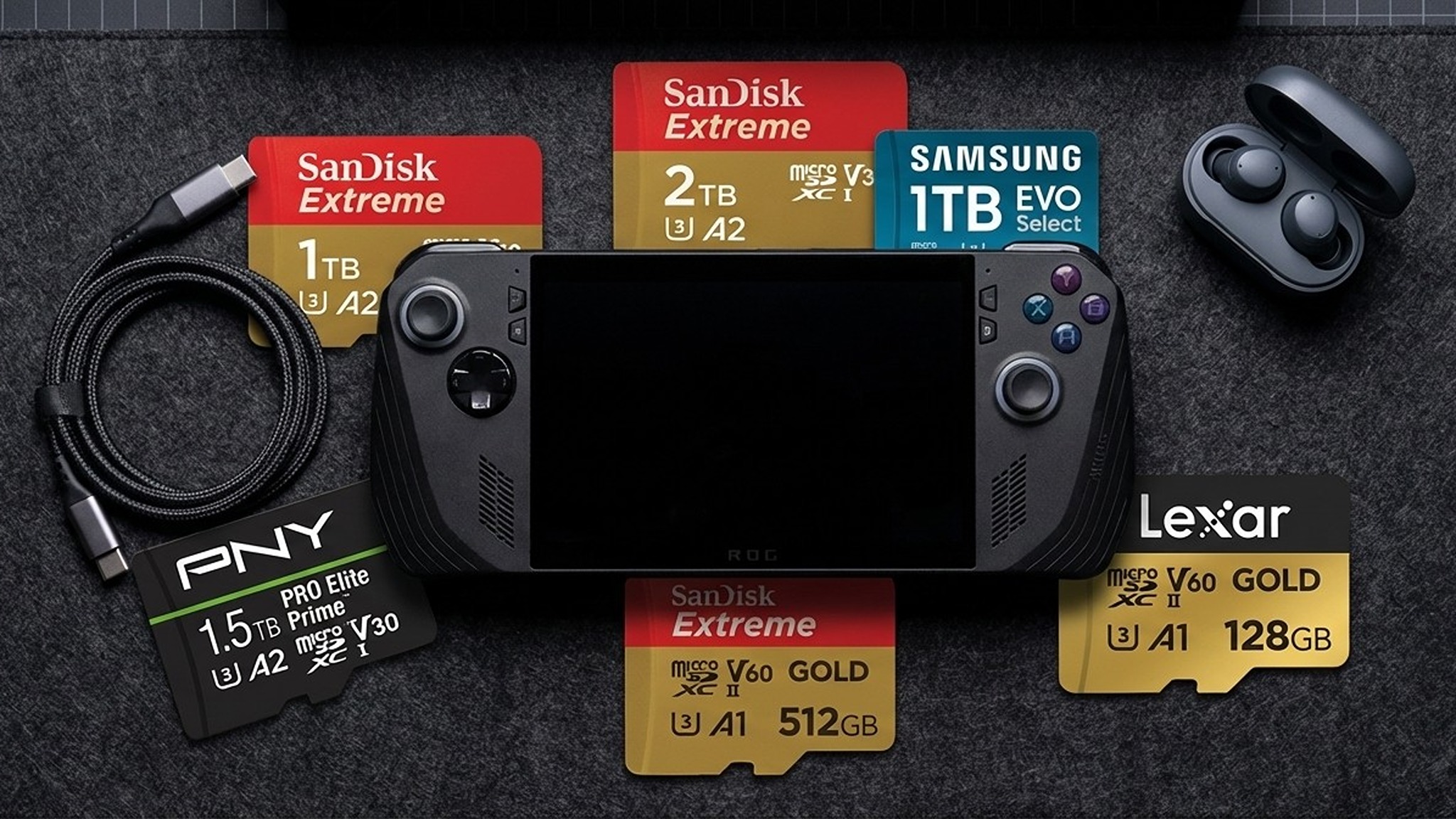 AI-Generated image of the ASUS ROG Xbox Ally X with SanDisk, Lexar, and Samsung microSD cards visualized.