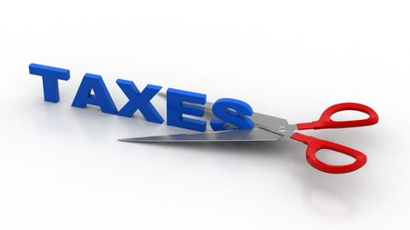 Scissors cut the word "taxes" in half horizontally.