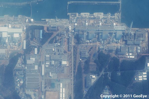 This half-meter resolution satellite image was taken of the Fukushima Daiichi nuclear power plant three days after a 9.0 magnitude earthquake struck the Oshika Peninsula on March 11, 2011.The image was taken by the GeoEye-1 satellite from 423 miles in spa