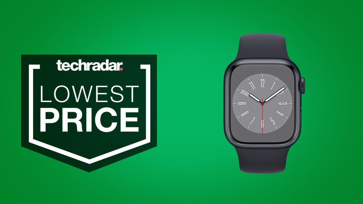 Apple Watch 8 in black on bright green background. Text beside it reads &#039;lowest price&#039;