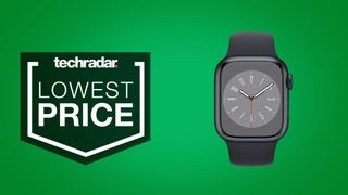 Apple Watch 8 in black on bright green background. Text beside it reads 'lowest price'