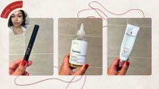 Aleesha holding UKLash serum, The Ordinary Glycolic toner, and Elizabeth Arden Eight Hour Cream on a beige background, with a 'Beauty, answered' badge in the corner