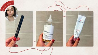 Aleesha holding UKLash serum, The Ordinary Glycolic toner, and Elizabeth Arden Eight Hour Cream on a beige background, with a 'Beauty, answered' badge in the corner