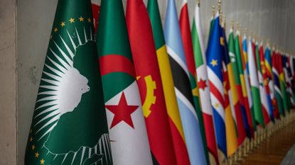 The flag of the African Union is seen alongside the flags of its member states on Feb. 11, 2024.