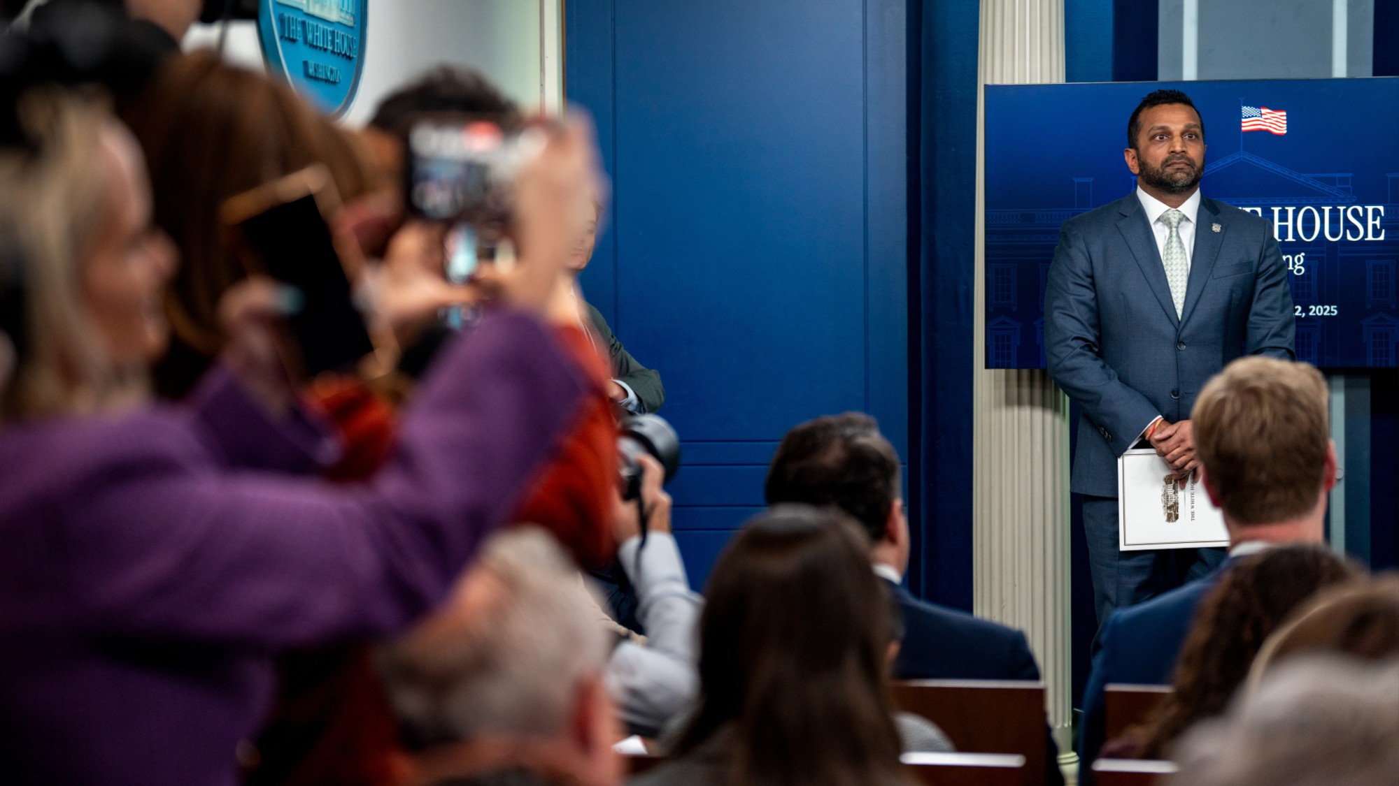Kash Patel, director of the Federal Bureau of Investigation (FBI), during a news conference in the James S. Brady Press Briefing Room of the White House in Washington, DC, US, on Wednesday, Nov. 12, 2025. Trump administration officials plan to meet today to discuss an effort in the House of Representatives to force a vote on releasing DOJ files related to disgraced financier Jeffrey Epstein, CNN reported. Photographer: Bonnie Cash/UPI/Bloomberg via Getty Images