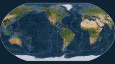 A projection of the Earth showing the boundaries of the tectonic plates