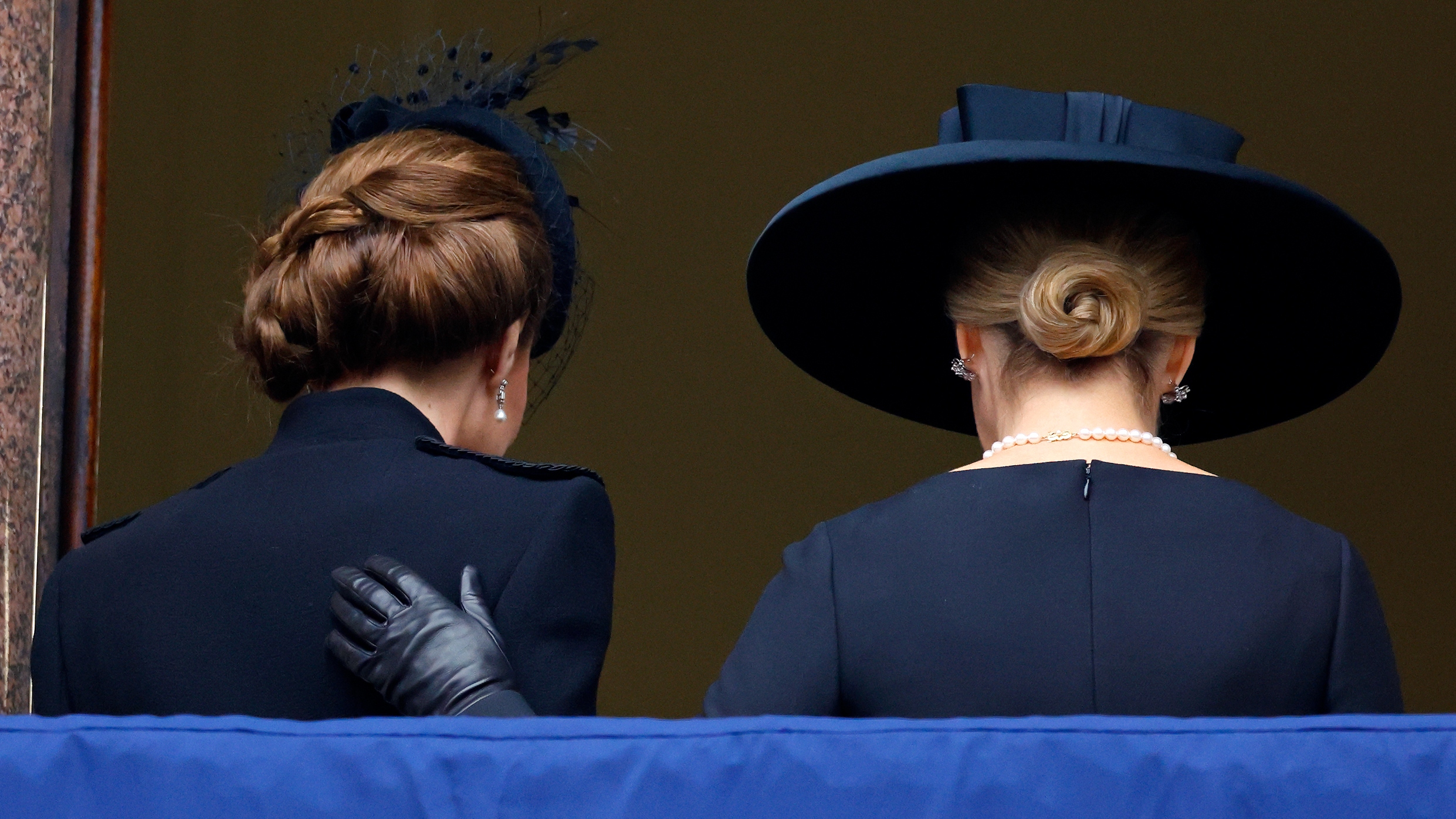 Sophie, Duchess of Edinburgh puts her hand on Kate Middleton&#039;s back as they go inside after attending the annual National Service of Remembrance at The Cenotaph on November 10, 2024