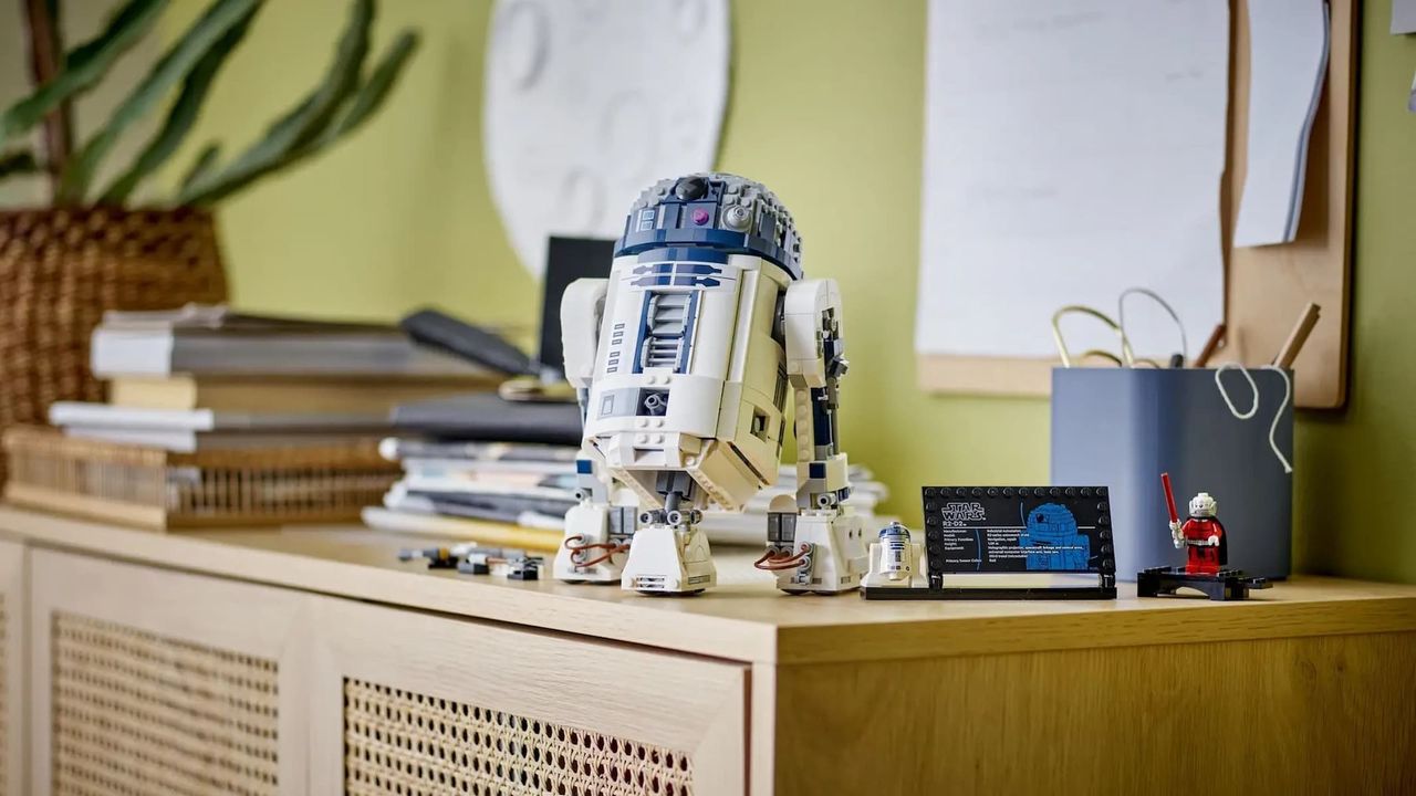 Lego R2-D2 on top of a storage unit