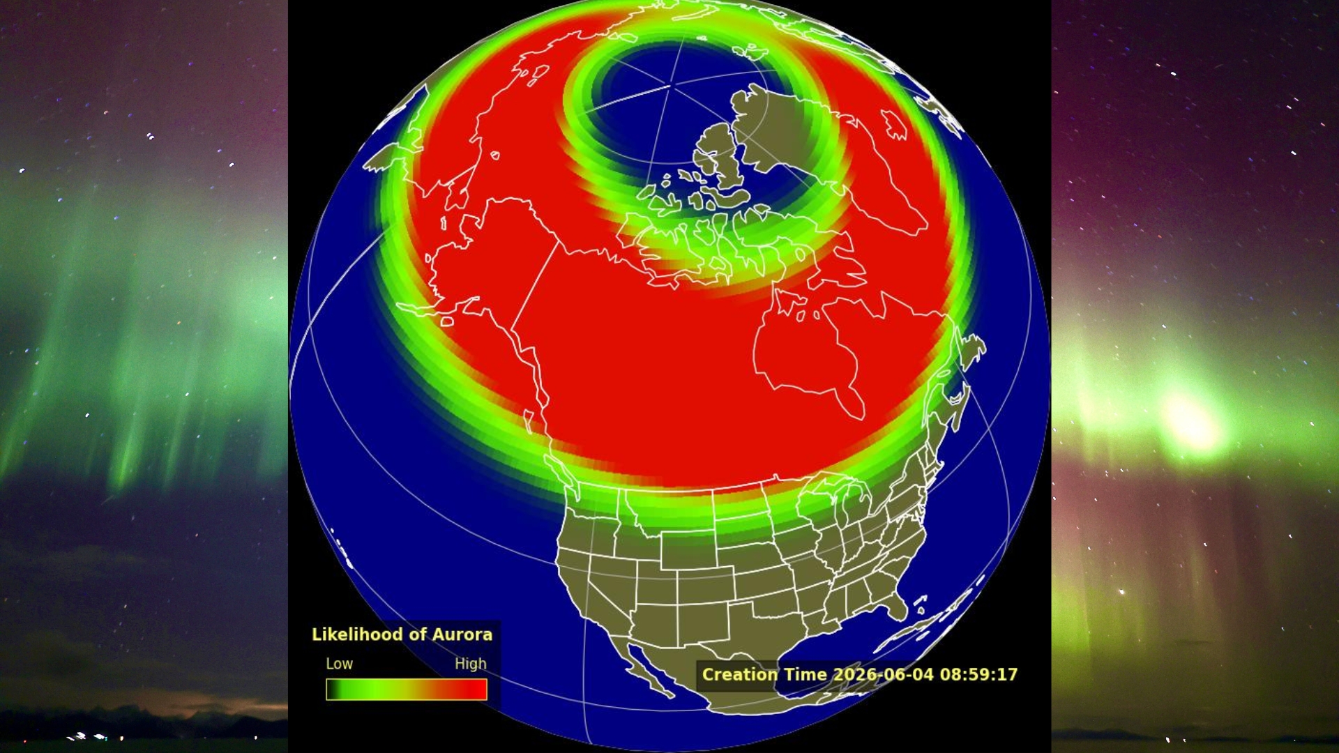 Map showing the possible aurora viewline across the US overnight tonight during the strongest period of geomagnetic activity which could see auroras spread deep into mid-latitudes.
