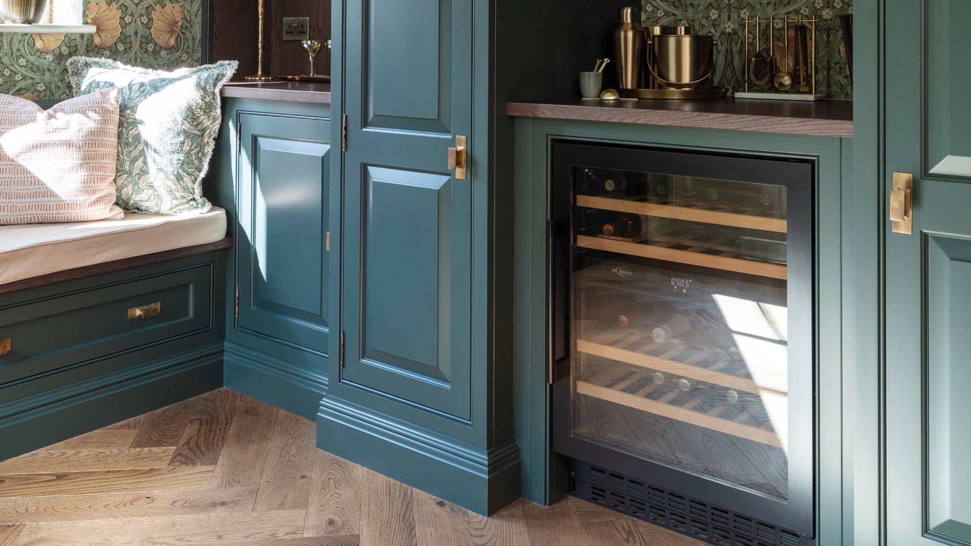 Tom Howley green kitchen with wine fridge