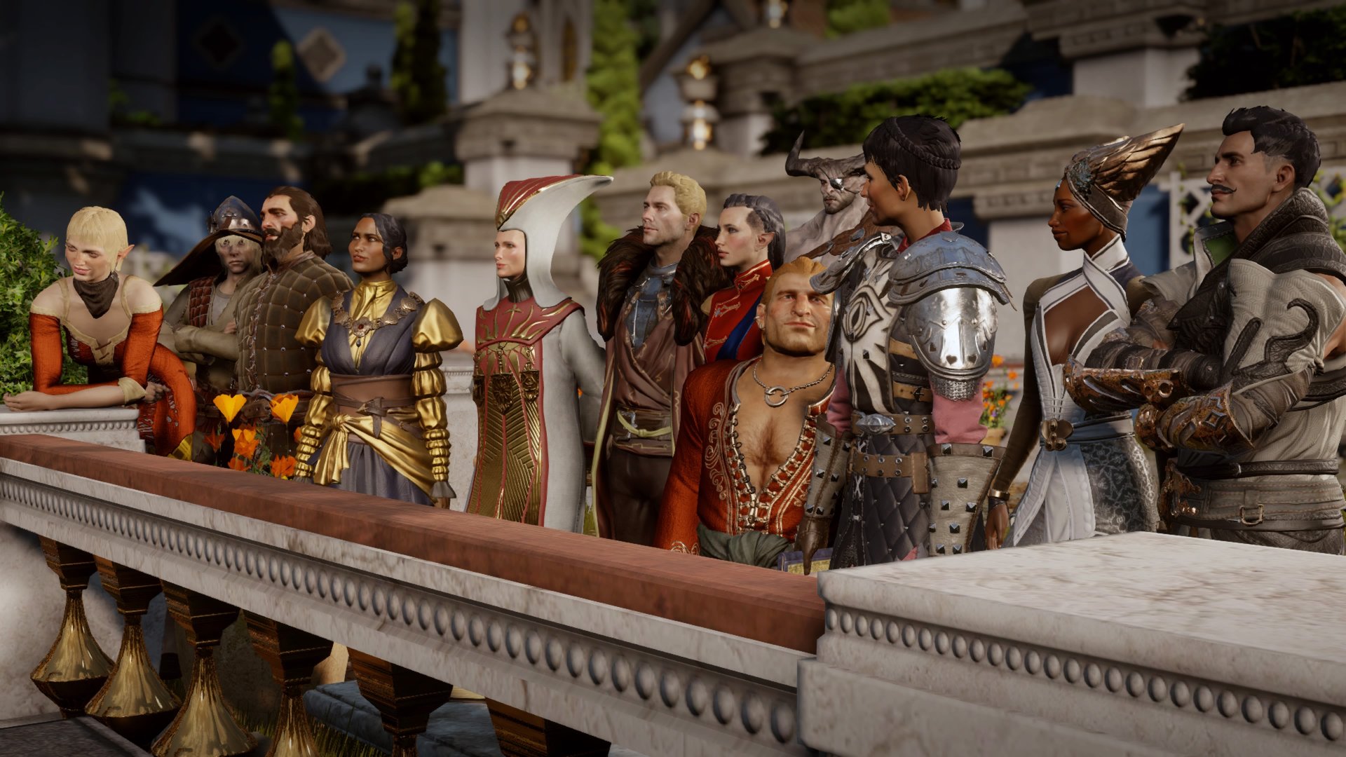 Dragon Age: Inquisition screenshot from the Trespasser DLC showing an elf female inquisitor standing with all of the companions