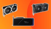 Three of the best budget graphics cards on an orange background