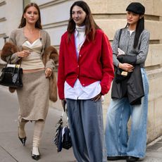 woman wearing cardigan skirt set; woman wearing red cardigan button-down and pants, woman wearing cardigan and jeans; woman wearing skirt suit and cardigan, woman wearing cardigan and jeans