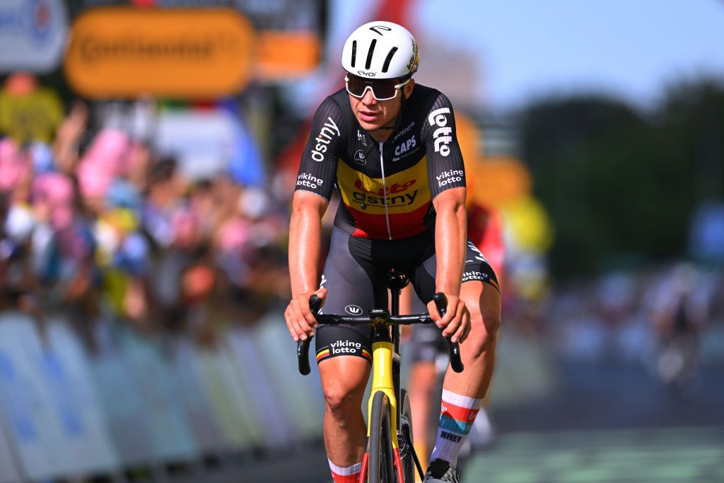 NIMES FRANCE JULY 16 Arnaud De Lie of Belgium and Team Lotto Dstny crosses the finish line during the 111th Tour de France 2024 Stage 16 a 1886km stage from Gruissan to Nimes UCIWT on July 16 2024 in Nimes France Photo by Tim de WaeleGetty Images