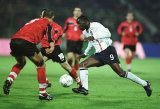 Andy Cole in action for England against Albania in 2001.