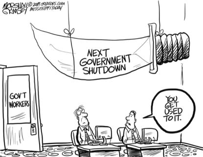 Political Cartoon U.S. Government Shutdown federal workers sword