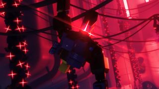 A robot missing its lower body stares forward with a glowing red light while hanging from a suspended cable in Marathon's Cryo Archive