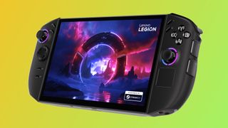 A promotional image of Lenovo's Legion Go 2 handheld gaming PC, with Valve's SteamOS natively installed.