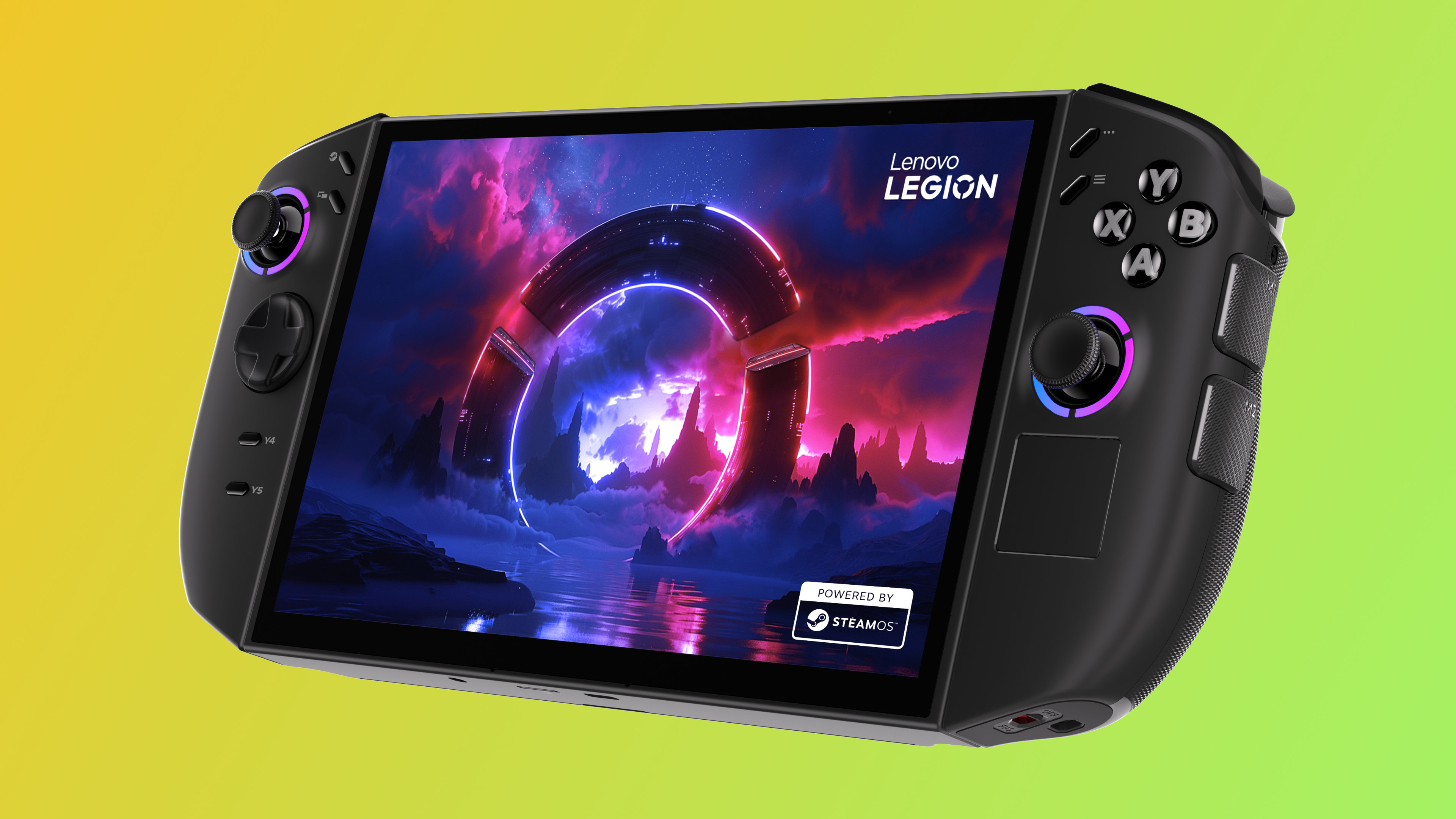 A promotional image of Lenovo's Legion Go 2 handheld gaming PC, with Valve's SteamOS natively installed.