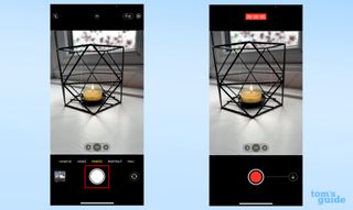 Two screenshots from an iPhone showing how to start recording video by holding the shutter button in photo mode
