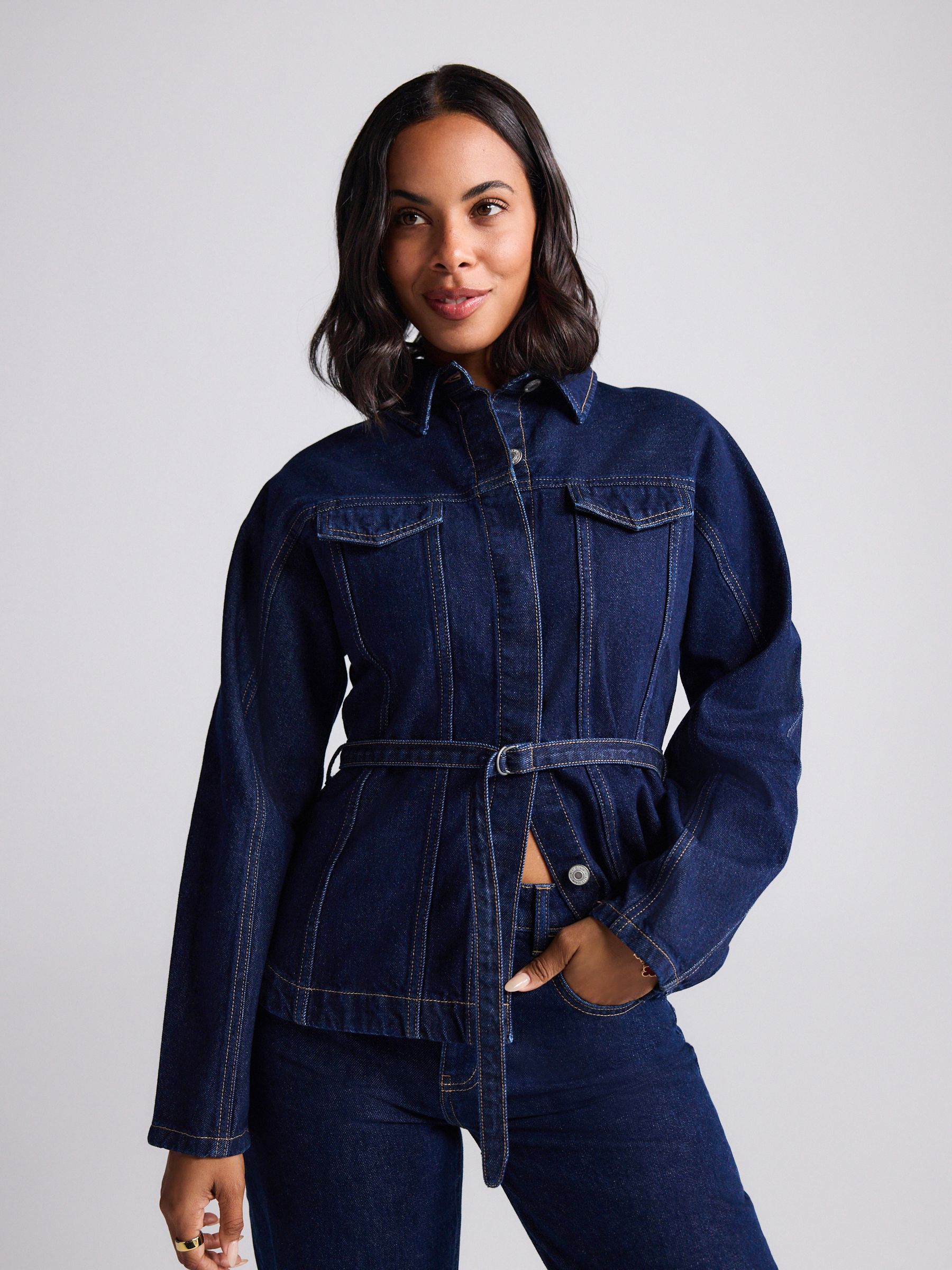 Rinse Blue Belted Fitted Denim Jacket
