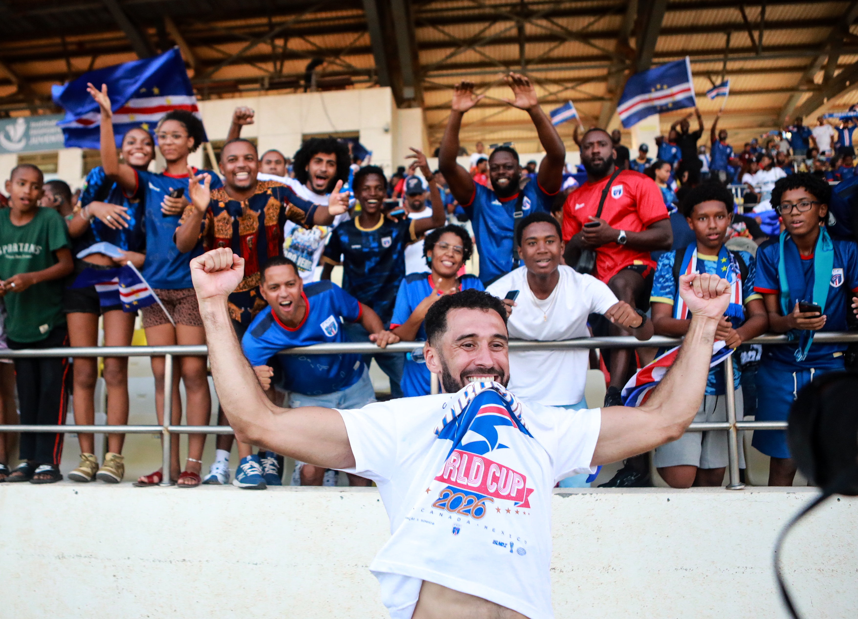 Praia , Cape Verde - 13 October 2025; Roberto Lopes of Cape Verde celebrates his side&#039;s qualification for the 2026 FIFA World Cup with supporters after the FIFA World Cup 2026 African qualifying match between Cape Verde and Eswatini at Est&amp;aacute;dio Nacional de Cabo Verde in Praia, Cape Verde. (Photo By Cristiano Barbosa/Sportsfile via Getty Images)