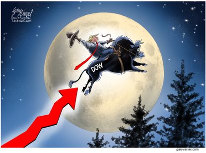 Political cartoon U.S. Trump Dow Jones stock market economy