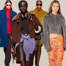 collage of runway images from tory burch, hermes, saint laurent, and miu miu