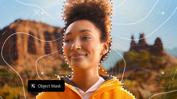 A woman in a bright yellow jacket stands before a desert landscape, highlighted by a dashed line selection tool and a "Object Mask" label that suggests a digital photo editing interface.