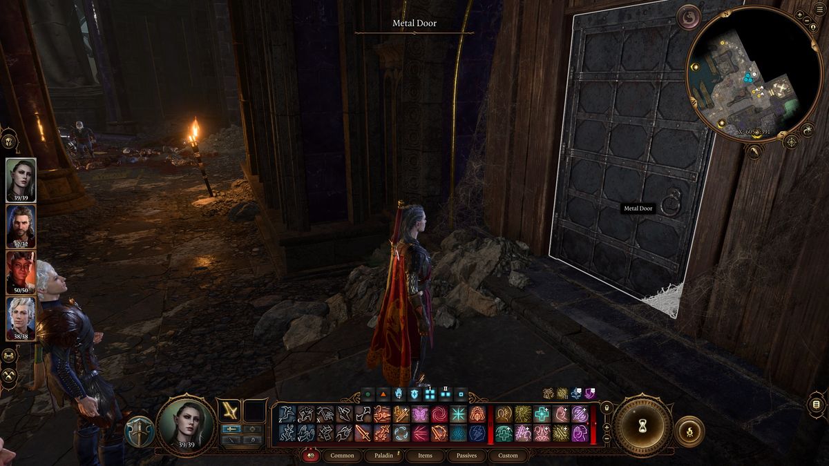 Baldur's Gate 3 - Player stands in front of a metal door in Grymforge at location -605,391