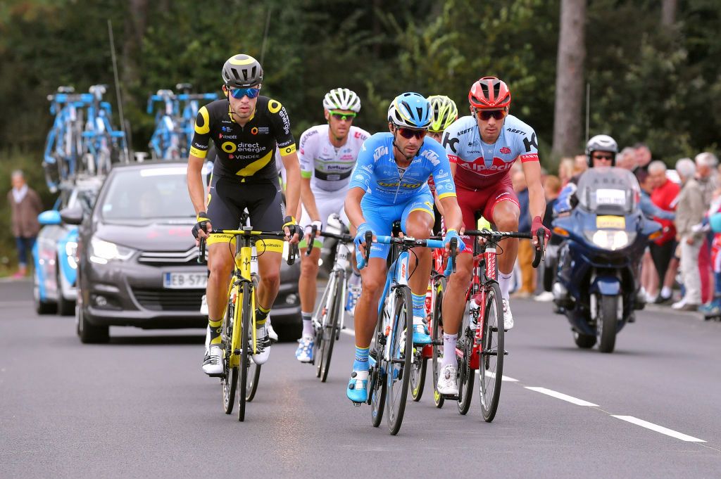 Paul Ourselin (Team Direct Energie), Mauro Finetto (Team Delko Marseille Provence KTM), Maxim Belkov (Team Katusha-Alpecin), and Arnaud Gerard (Team Fortuneo-Samsic) in the breakaway