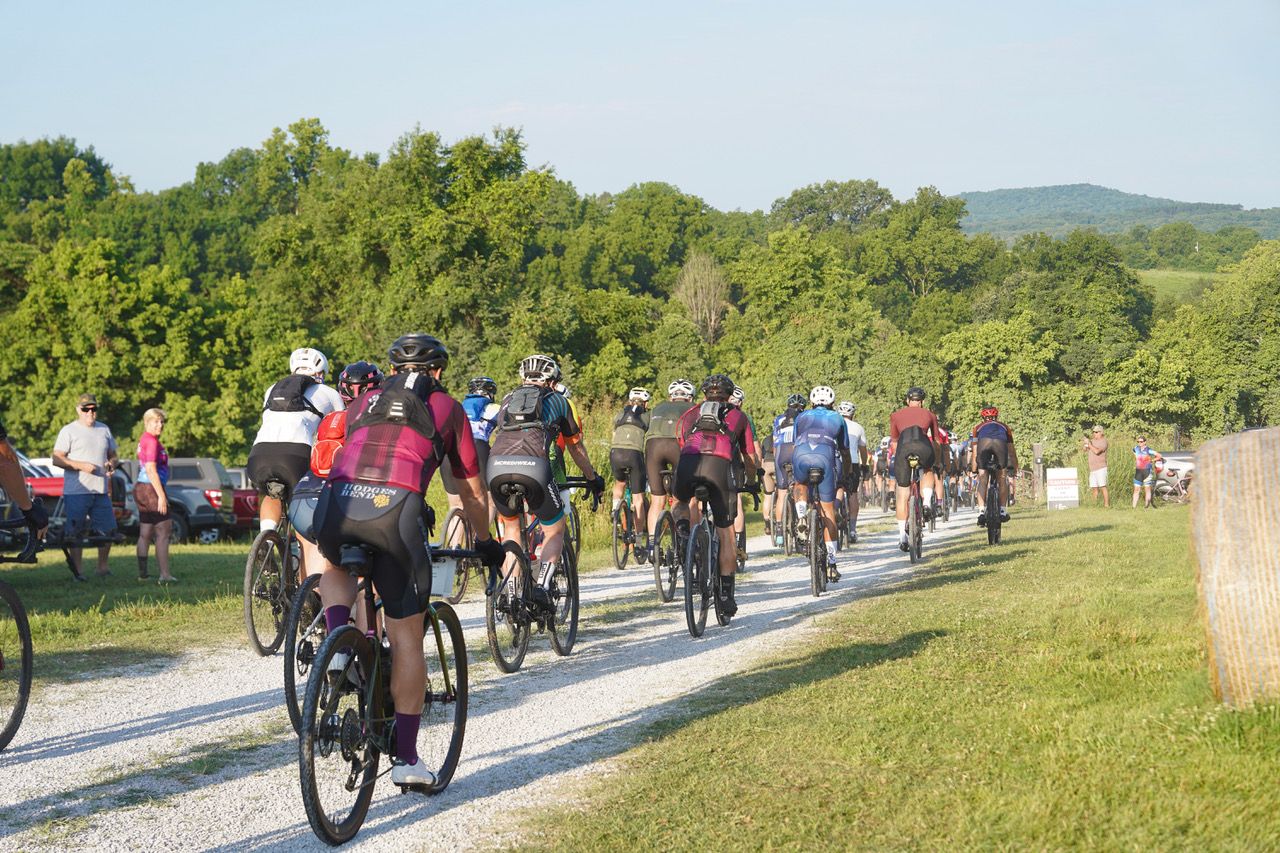 Highland Gravel participants depart Fritchie Farms as the race begins