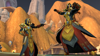 A paladin, wearing a judgement set of armour, points at a statue of themselves in World of Warcraft: The War Within&#039;s 20th anniversary event.