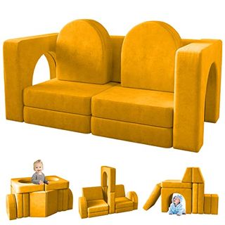 Wanan Kids Couch 10pcs, Modular Kids Play Couch for Playroom Bedroom, 10 in 1 Multifunctional Kids Sofa for Playing, Creativing, Sleeping, Indoor Toddler Couch for Boys and Girls(yellow)