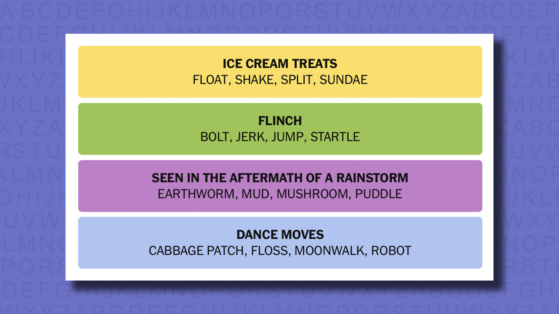 NYT Connections answers for game 749 on a purple background