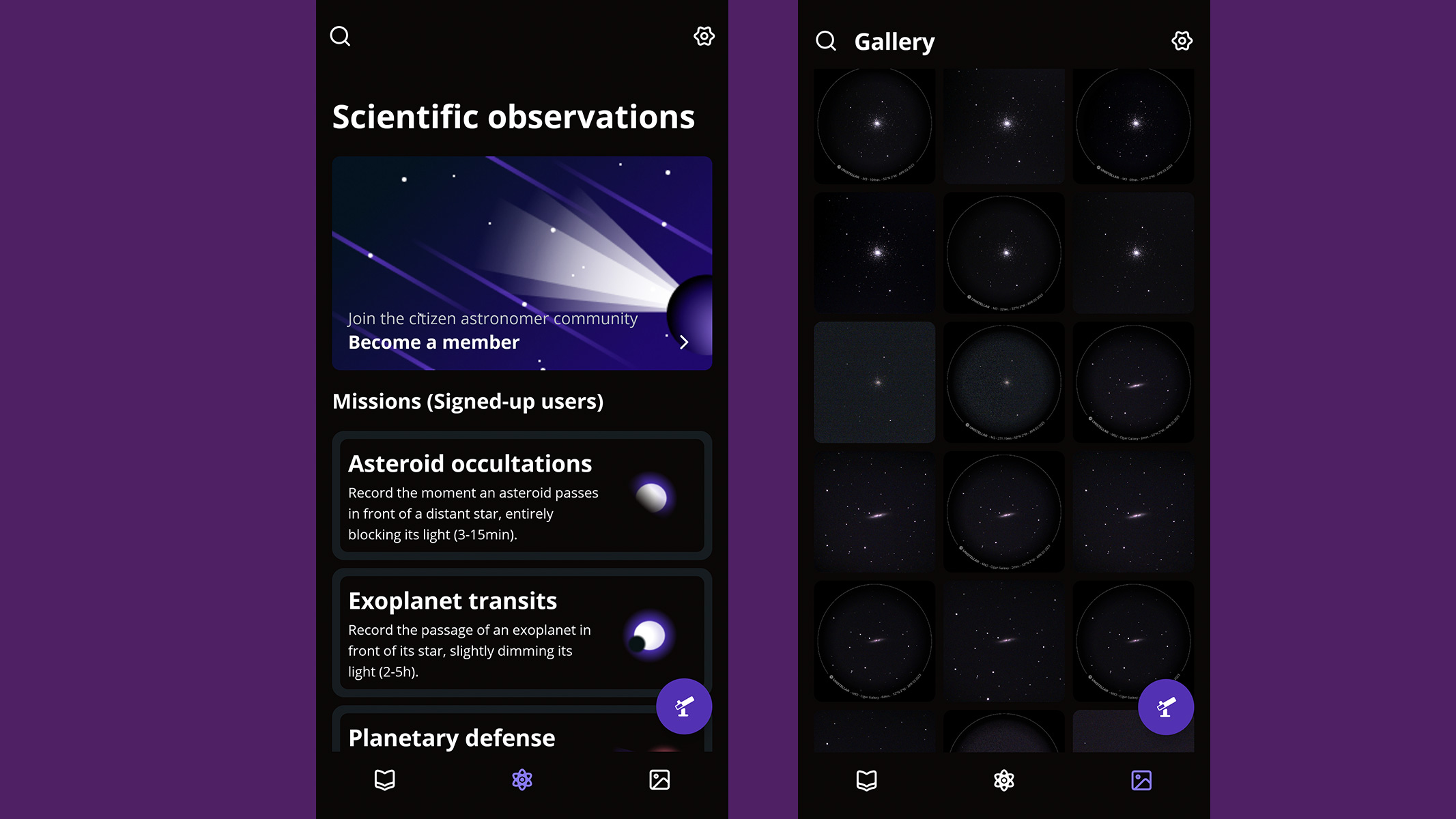 Screenshots of the Unistellar app in use