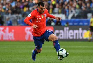 Chile's Gary Medel drives the ball during the Copa America football tournament third-place match against Argentina at the Corinthians Arena in Sao Paulo, Brazil, on July 6, 2019.