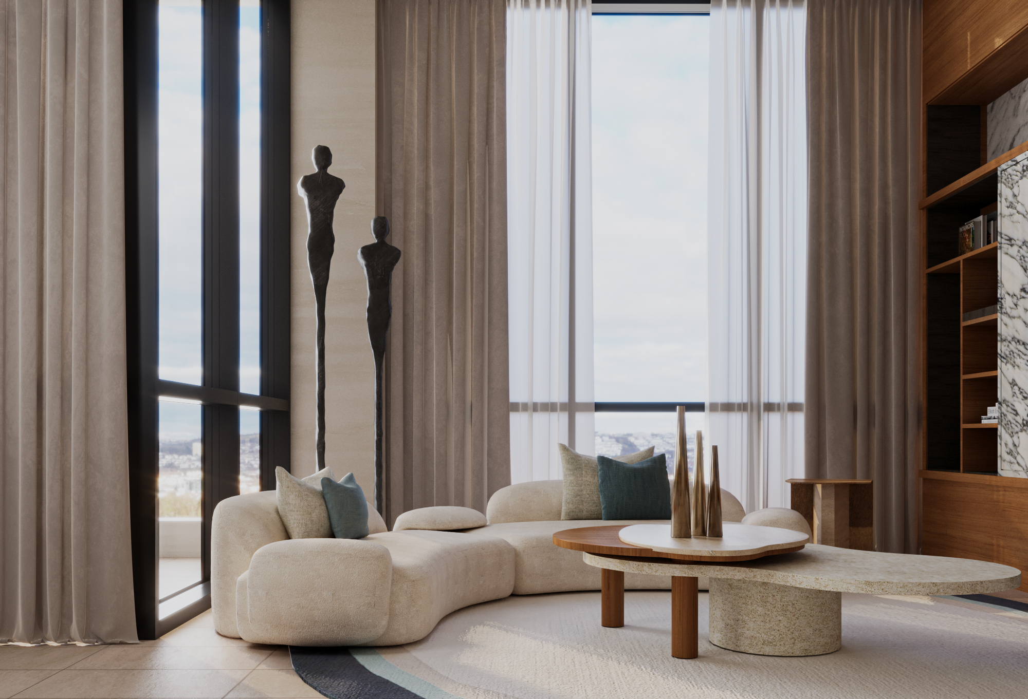 large, double-height modern living room with curved beige sofa, stone and timber coffee table, large black framed windows with layered block out and sheer curtains