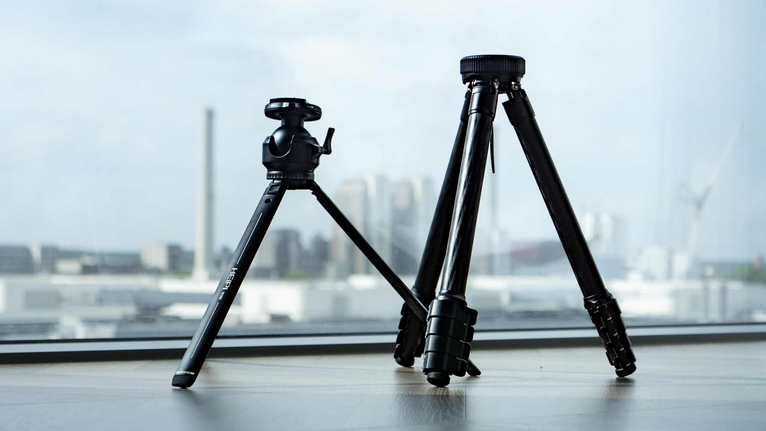 Heipi 3-in-1 Travel Tripod W28S' table tripod and main tripod side by side