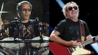 LEFT: Alex Van Halen of Van Halen performs during the 2015 Billboard Music Awards at MGM Grand Garden Arena on May 17, 2015 in Las Vegas RIGHT: Sammy Hagar performs onstage during the 2025 iHeartRadio Music Festival at T-Mobile Arena on September 19, 2025 in Las Vegas, Nevada.