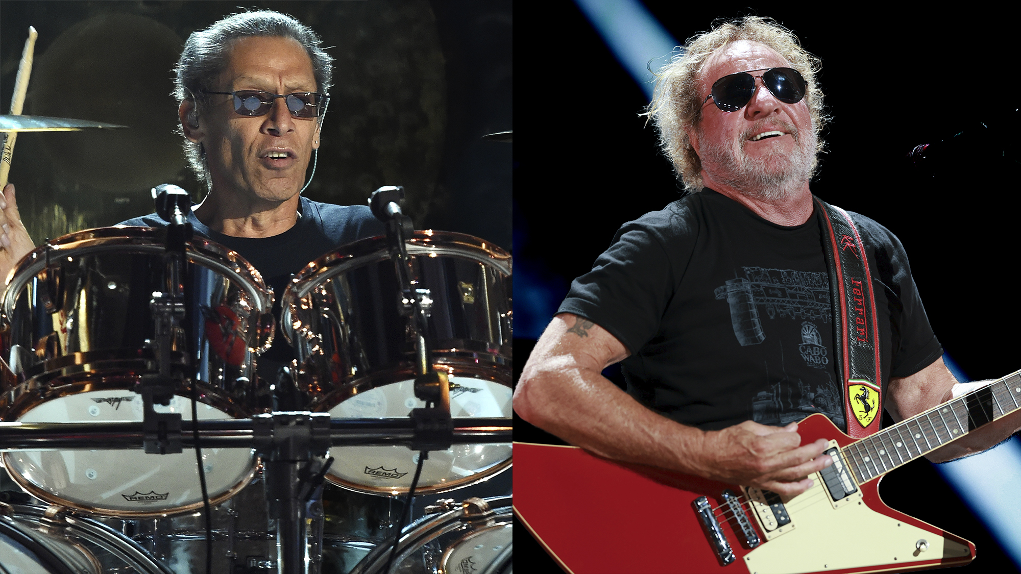 LEFT: Alex Van Halen of Van Halen performs during the 2015 Billboard Music Awards at MGM Grand Garden Arena on May 17, 2015 in Las Vegas RIGHT: Sammy Hagar performs onstage during the 2025 iHeartRadio Music Festival at T-Mobile Arena on September 19, 2025 in Las Vegas, Nevada. 