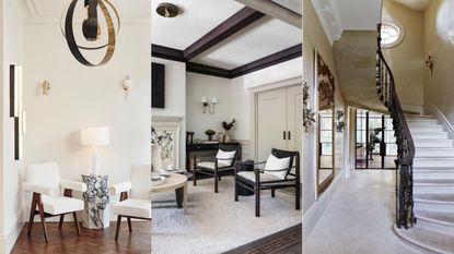Vertical lights and spots on pale grey walls above white armchairs and wooden parquet flooring. / A white living room with dark wood furniture with an open silhouette and dark ceiling beams / Winding stone staircase with ornate black metal bannisters and stone floor with mirror on wall of hallway 
