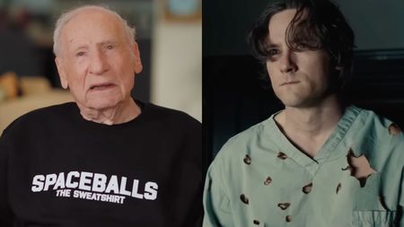 Mel Brooks wearing Spaceballs 2 sweatshirt, and Lewis Pullman in Thunderbolts*