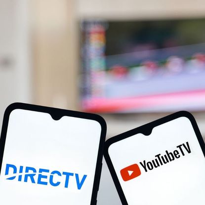 2 phones with the logo for DirectTV and YoutubeTV on them.