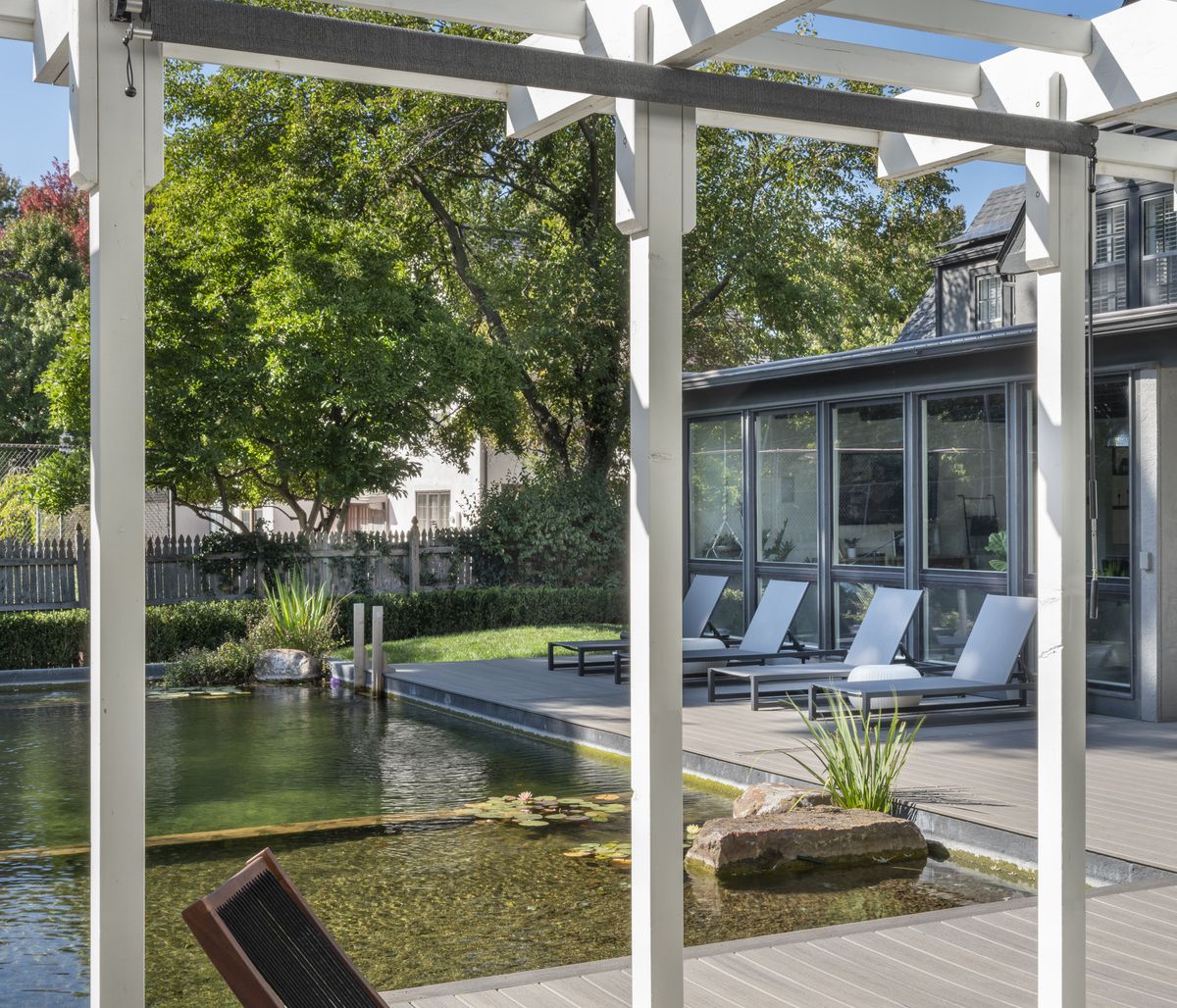 A pond landscaped with rocks
