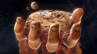 Das Dune; Spice Wars Cover zeigt eine Hand, die Arrakis hält