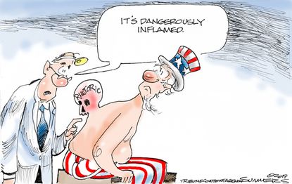 Political Cartoon U.S. Uncle Sam Dangerously Inflamed Rhetoric Boil Doctor