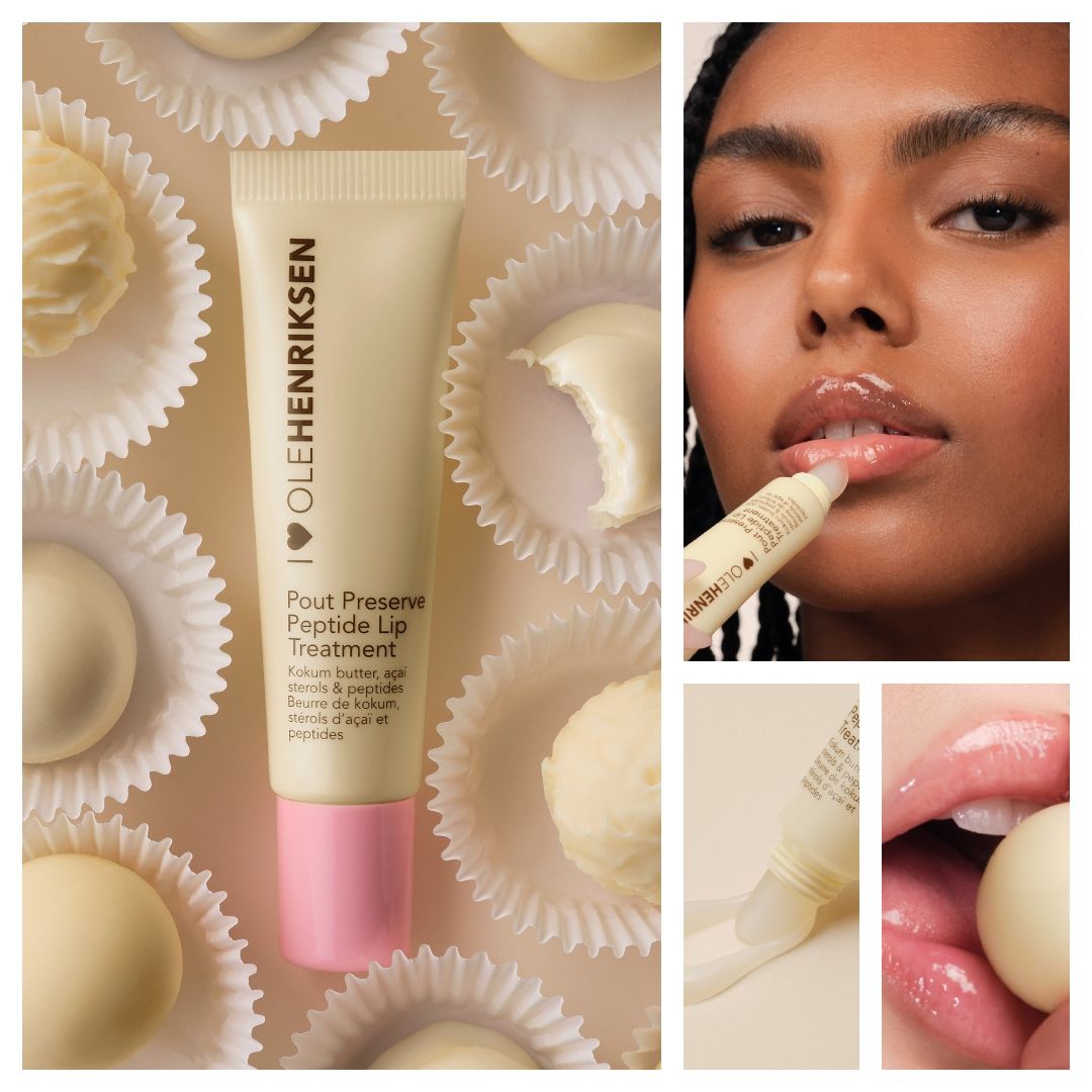 collage of olehenriksen vanilla bonbon pout preserve with candy